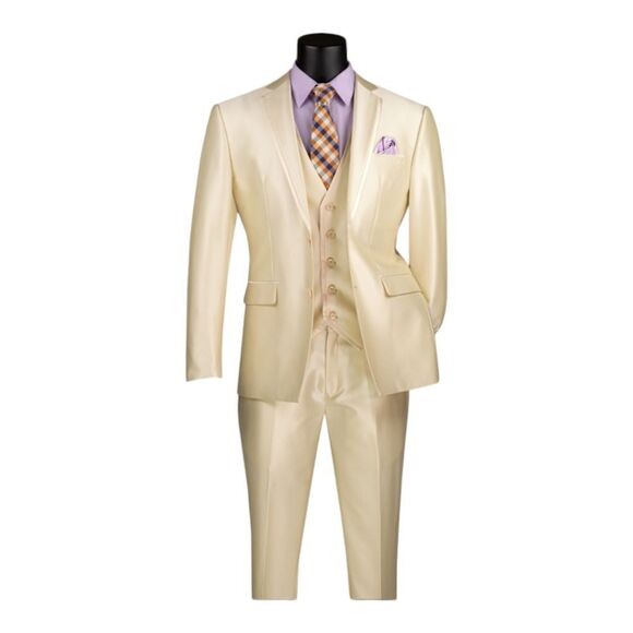 MEN'S VINCI 3 PIECE SLIM FIT SUIT CHAMPAGNE-BEIGE SATIN LOOK FABRIC. SV2D-1 - Picture 1 of 2